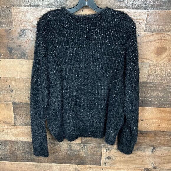 FRNCH Sweater Black Silver Threading Eyelash Knit Crew Neck Long Sleeves M/L - Picture 7 of 16